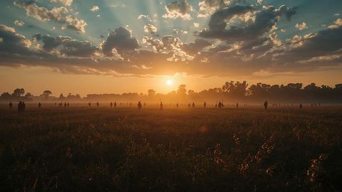 Serene Dawn Landscape with Silhouetted Figures in Misty Field
