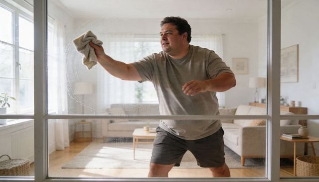Man cleaning multi-pane glass door in bright modern living room, wiping with cloth