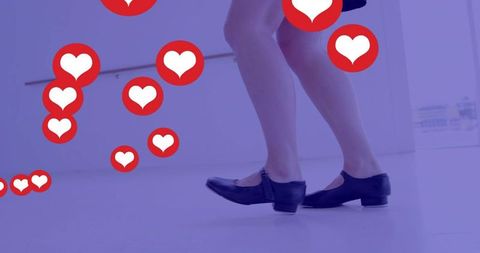 Walking elegance with floating social media icons in purple mood