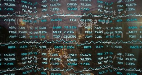 Digital Stock Ticker Overlay on Cityscape