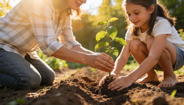 Mother and Daughter Planting Sapling in Backlit Garden Soil, Family Gardening and Mentoring