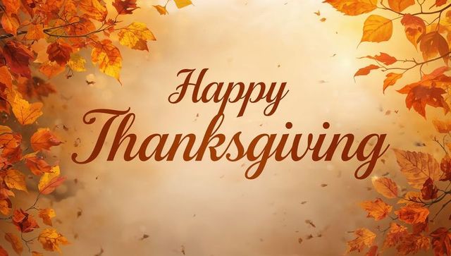 Happy thanksgiving calligraphy greeting framed by falling orange autumn leaves