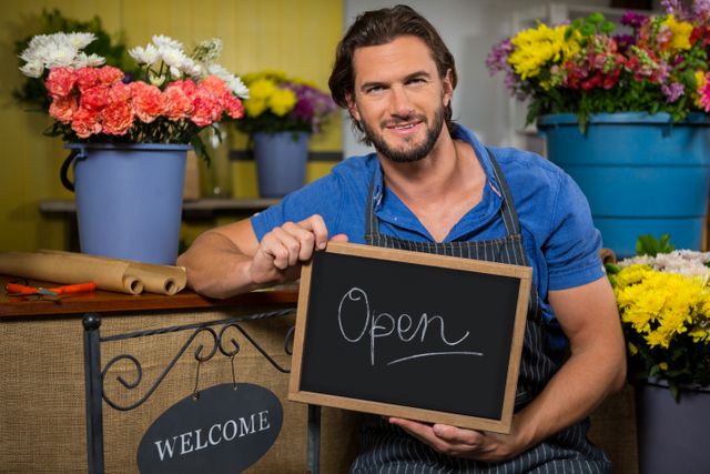 Male florist holding an open sign in a flower shop, smiling and welcoming customers. Ideal for use in articles or advertisements about small businesses, entrepreneurship, flower shops, and customer service. Can also be used for promoting local businesses and retail stores.