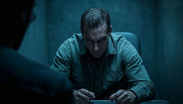 Tense midlife man under interrogation in claustrophobic blue-lit room staring at metal table