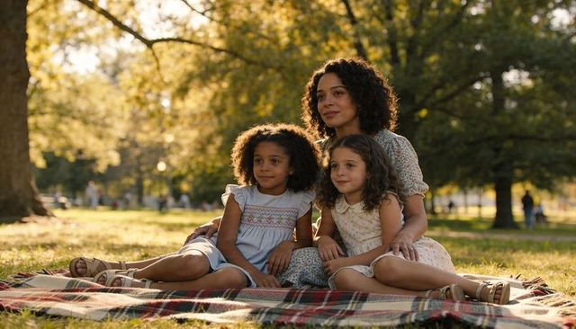 Mother and daughters sitting on plaid blanket in sunlit park wearing summer dresses