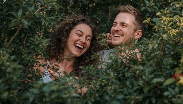 Laughing couple peeking through lush garden shrubs sharing candid joyful outdoor moment
