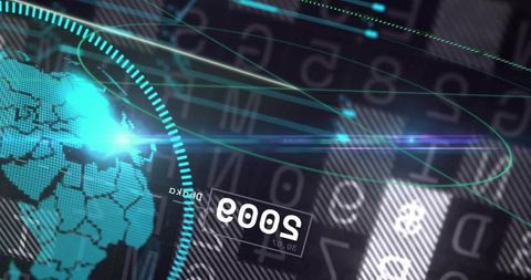 Futuristic digital globe hud with neon teal data overlay and animated global network lines