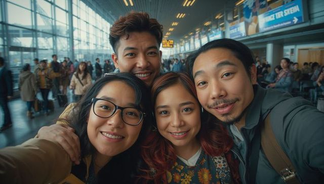 Smiling Group of Friends Taking Selfie at Airport Terminal
