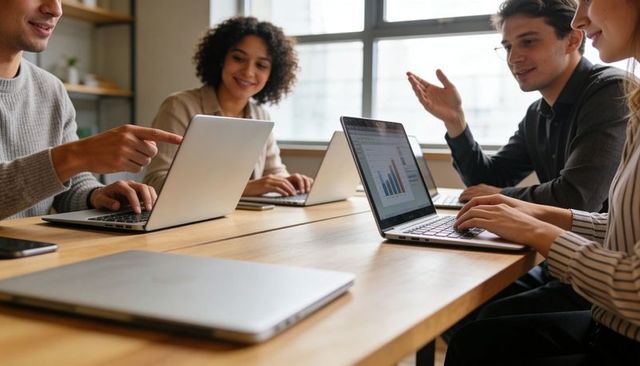 Young Professionals Collaborating Around Conference Table, Laptops Displaying Charts
