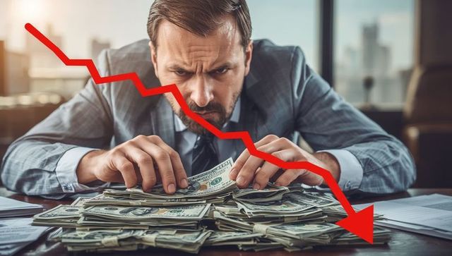 Businessman analyzing economic decline with dollar bills and red arrow