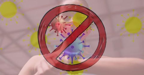 Woman exercising at gym with anti-virus overlay illustrating covid-19 concept