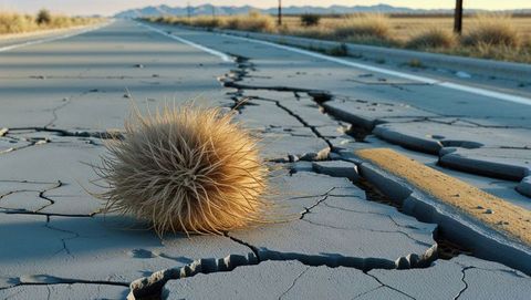 Deserted highway with cracked asphalt and tumbleweed
