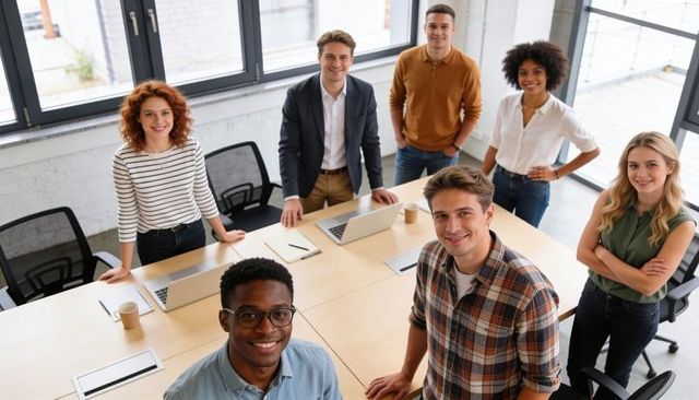Young team gathering around modern conference table in bright collaborative office