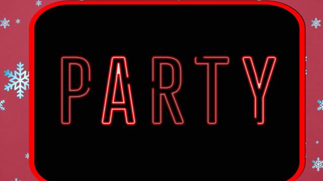 Red neon 'PARTY' text against black background with animated snowflakes falling. Suitable for digital invitations, festive social media posts, music events, holiday-themed advertisements, Christmas party decorations, and New Year's Eve celebrations.