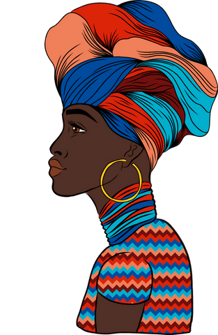 Profile of woman in vibrant headwrap and zigzag top on transparent background