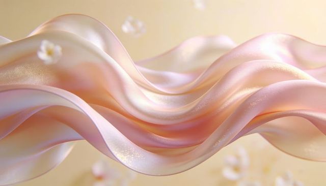 Flowing pearlescent satin ribbons soft bokeh floating petals pastel abstract background