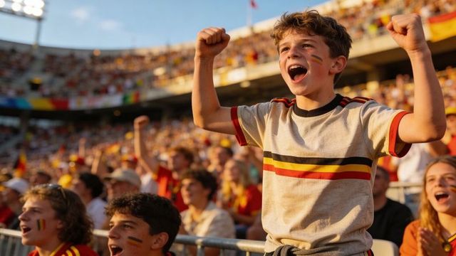 Preteen boy cheering and raising fists in packed stadium with face paint, team stripes