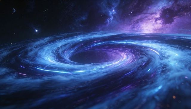 Swirling Violet Cosmic Vortex Pulling Gas Into Dark Void with Distant Planet and Nebula