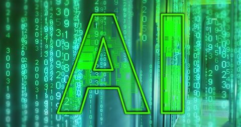 Green ai concept with binary code and data servers background