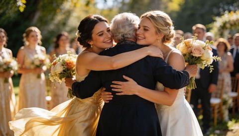 Brides and grandmother sharing warm hug at garden wedding with pastel bouquets