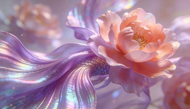 Iridescent Peach-Pink Peony Bloom with Lavender Pearlescent Fins and Golden Stamen