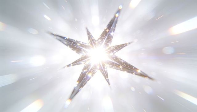 Crystal eight-point star ornament emitting radiant light burst with sparkling bokeh