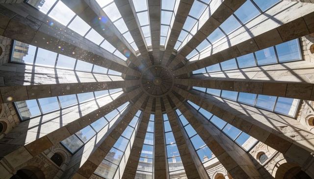 Sunlit radial dome skylight with stone ribs and geometric glass panels in grand rotunda