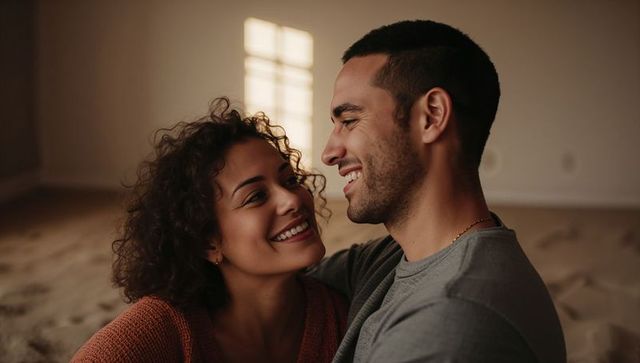 Young couple sharing intimate sunlit moment, smiling and embracing in cozy home with warm window lig