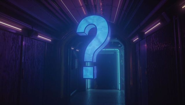 Glowing Neon Question Mark in Dark Futuristic Corridor