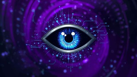 Glowing cybernetic eye emitting electric blue iris and circuit network over purple vortex
