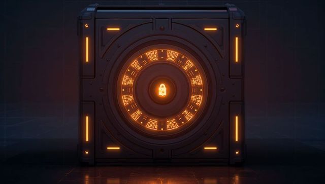 Glowing futuristic vault cube featuring circular led lock and cybersecurity glyphs