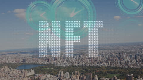 NFT Art with Digital Clocks Overlooking Cityscape