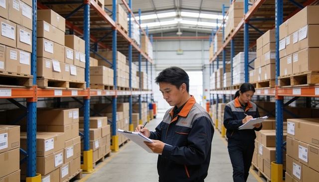 Asian warehouse workers conducting inventory checks with clipboards in racked aisle storage