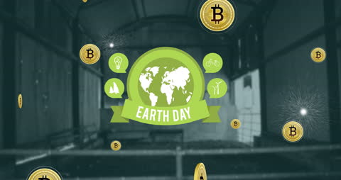 Earth Day with Globe and Digital Bitcoin Symbols Overlay