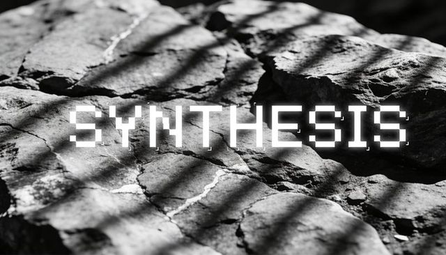Pixelated synthesis text overlay on cracked sunlit rock with diagonal shadow bands