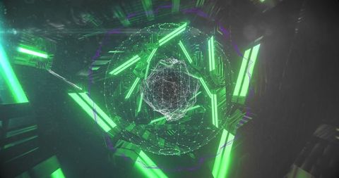 Digital Globe in Futuristic Green Glow Tunnel