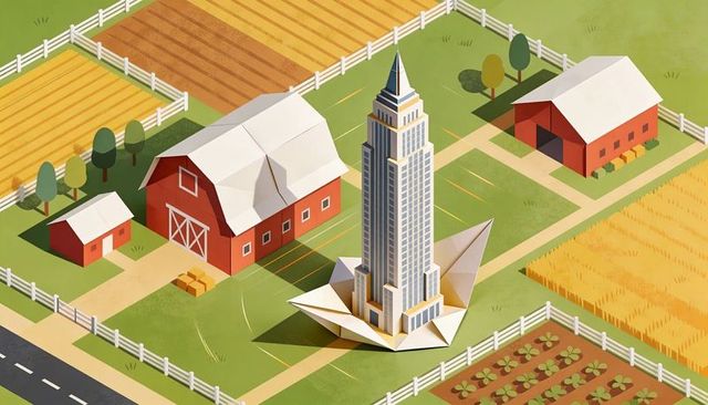 Rising skyscraper growing from origami base on rural farm with red barns and golden fields
