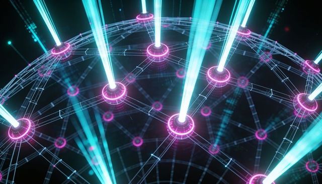 Neon wireframe globe emitting cyan beams with magenta nodes, digital network visualization