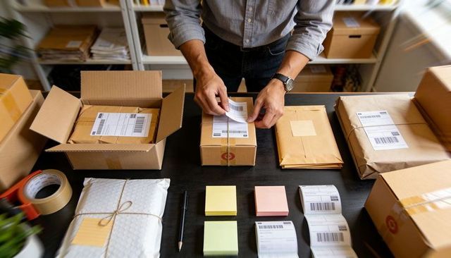 Ecommerce Seller Labeling Packages at Fulfillment Workstation for Shipping Efficiency