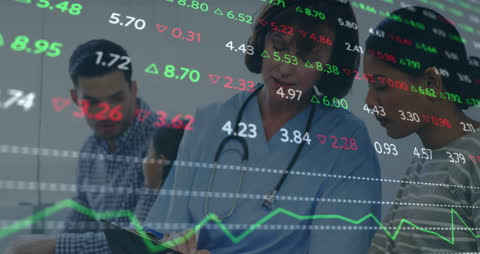 Female Doctor Analyzing with Financial Data Overlay