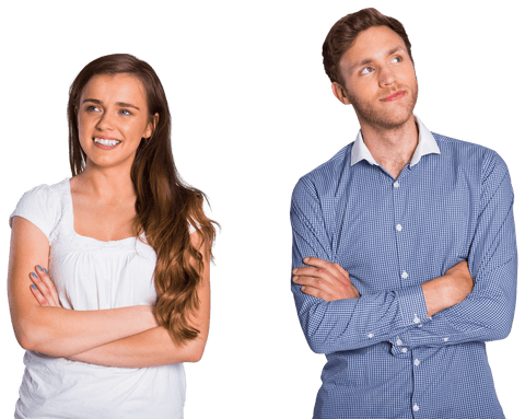 Transparent smiling young couple with arms crossed