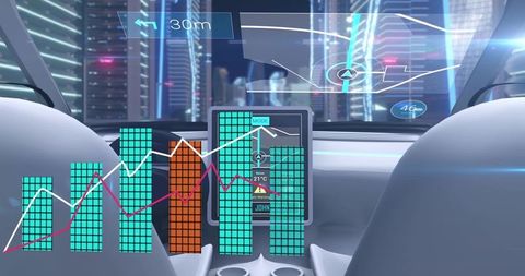Autonomous car cockpit showing holographic hud, navigation map and financial data charts