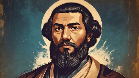 Spiritual portrait of bearded man with halo, layered robes