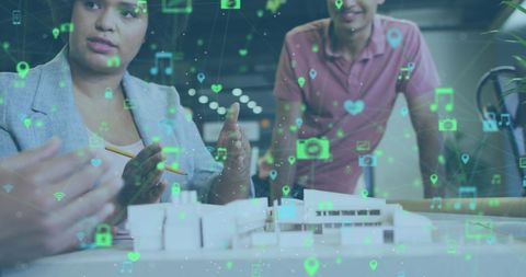 Global networking in modern workplace with digital overlay