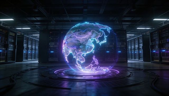 Holographic globe projecting eastern hemisphere above circular server platform, futuristic datacente