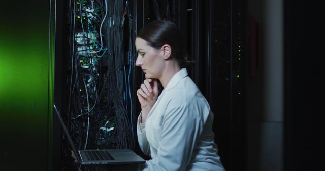 Female technician in a data center analyzing data on a laptop, surrounded by servers and networking equipment. Relevant for depicting technology, IT professional services, data management, and technical support roles. Ideal for use in blogs, websites, or marketing materials related to information technology, server maintenance, and data protection.
