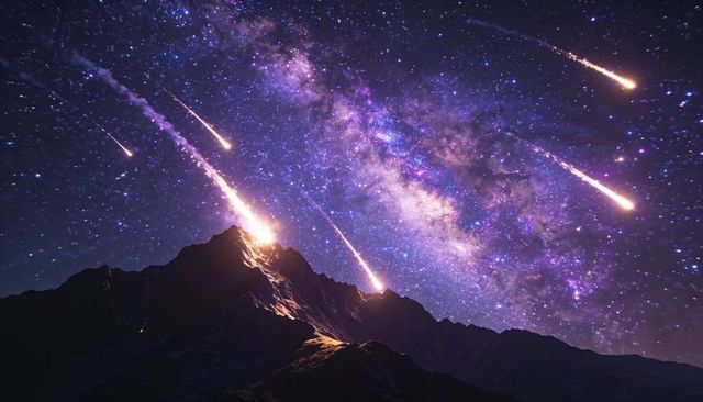 Meteor shower impacting alpine mountain ridge illuminating peaks under milky way nebula