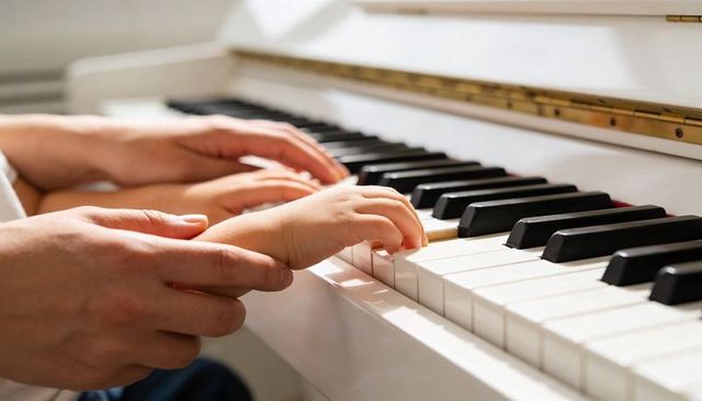 Parent guiding child hands on white piano keys teaching beginner piano lesson at home