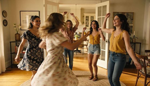 Five women dancing in cozy living room celebrating friendship and summer joy