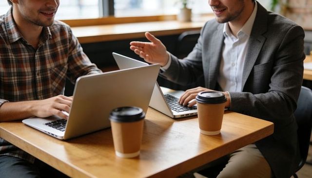 Two colleagues collaborating over laptops and coffee in modern cafe workspace